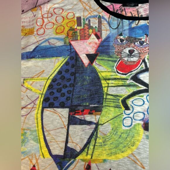 Inoah Lightweight 3/4 Sleeve Knit Scoop Burnout Neck Art to Wear Print Top M - Picture 9 of 12